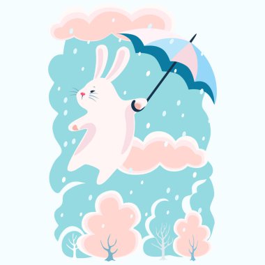 Şirin çizgi film tavşanı elinde şemsiyeyle kış ağaçlarının üzerinde uçuyor. vektör illüstrasyonu.