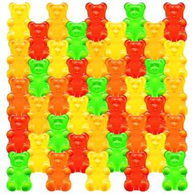 Parlak jöle, narenciye suyu şekerleri. Beyaz arka planda limon, böğürtlen ve portakal tadı olan renkli jelibon hayvanları. vektör illüstrasyonu.