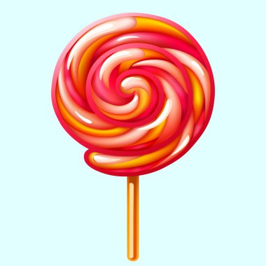 Spiral çizgili renkli lolipop yakın çekim. Mavi arka planda tahta bir çubukta şeker. vektör illüstrasyonu