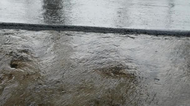 Regen Drop Een Asfalt Straat Met Rode Auto Schaduw Bewegen — Stockvideo