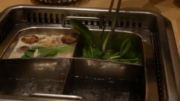 緑の野菜ボックを沸騰させる中国のホットポットスチールスープボートとキノコと他の野菜 — ストック動画