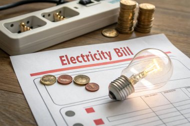 Görüntü, yüksek bir elektrik faturası, bir ampul ve yükselen enerji maliyetlerinin mali yükü ve ev bütçeleri üzerindeki etkisini simgeleyen bir yığın bozuk para gösteriyor..