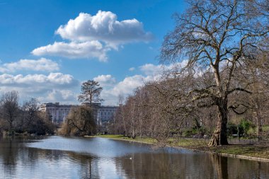 St. Jamess Park 'taki göl manzarası. Kış ağaçları ve Buckingham Sarayı. 