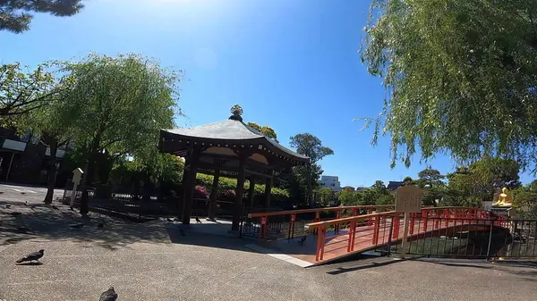 Tapınağın Japon bahçesi. Gölet. Pavilion