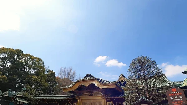Ueno Toshogu tapınağı mavi gökyüzü bulutları inşa ediyor Ueno Toshogu Tapınağı 'na yaklaşımı Ueno Park, Tokyo, Japonya