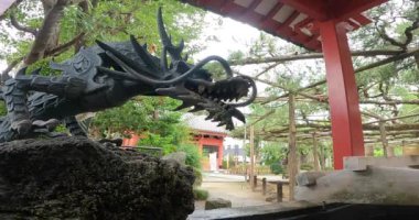 Ejderha tanrısının ağzından su fışkıran bir çeşme. Koiwa Fudo. Koiwa Fudoson Zenyoji, Tokyo, Japonya 'da bir tapınak. Çam ormanına benzeyen büyük, kutsal bir çam ağacı var. https: / / youtu.be / dyvloYQlO00