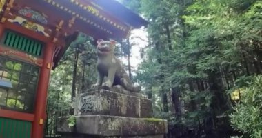 Mitsumine Tapınağı, taş kurt heykelinin ve kırmızı dağ kapısının ardında. Mitsumine, Chichibu City, Saitama Bölgesi Mitsumine Tapınağı 'nda bir türbe.