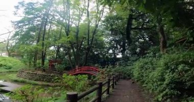 Itsukushima 'ya giden kırmızı köprüye. Kosenba-cho' daki Kitain Tapınağı, Kawagoe Şehri, Saitama Bölgesi, Japonya