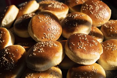 Hamburger, sandviç, patates kızartması, kır ekmeği ve çeşitli fırınlanmış ürünler için ekmeği hamburgerle birlikte buğday unu ve tam buğday unundan yaptım.. 