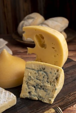 Çeşit çeşit peynirler, peynir formları, sosisler, dilimlenmiş fındıklar mavi rokfor parmesan jambonu ve sosis yemeye hazır. 