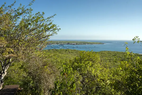 海と波と太平洋のガラパゴス諸島の海岸の崖と青と緑の水と火山岩とビーチ風景 — ストック写真