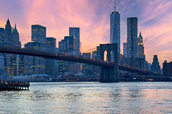 New York. Manhattan. United States. Brooklyn Bridge at sunset. - Date: 12 - 09 - 2022