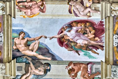 Roma Lazio İtalya. Vatikan 'daki Vatikan Müzeleri. Michelangelo 'nun Sistine Şapeli. Adem 'in yaratılışı - Tarih: 05 - 11 - 2023
