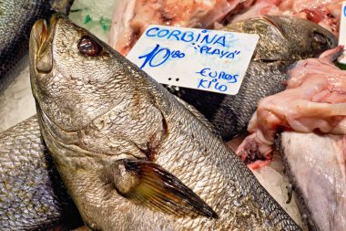 Barselona 'da. Katalonya. İspanya. Mercat de Sant Josep de la Boqueria. Balıkçıdaki taze balık - Tarih: 02 - 01 - 2023