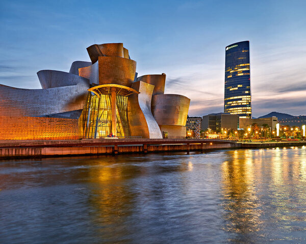 Bilbao Biscay Spain. Guggenheim Museum at sunset - Date: 01 - 11 - 2023