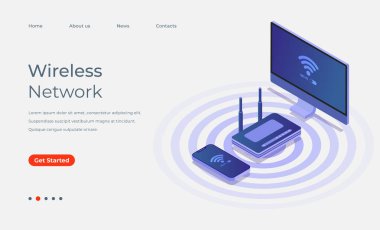 3D Isometric kablosuz ağ iniş sayfası veya web pankartı
