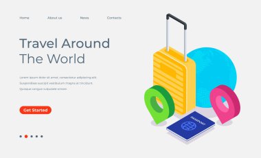 Isometric traveling landing page with suitcase, earth, location pointer, and passport clipart