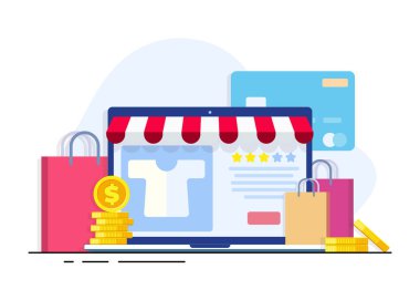 Çevrimiçi alışveriş, ya da dizüstü bilgisayar vektörü düz çizim, çevrimiçi dükkan, e-ticaret, satış, moda mağazası web sitesi