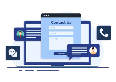 İnternet afişi, mobil uygulama, iş sunumu, reklam materyali, müşteri desteği, müşteri hizmetleri, çevrimiçi destek, yardım masası için mesaj baloncukları düz illüstrasyon ile laptop ekranından bizimle irtibata geçin