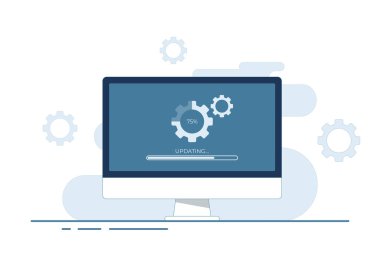 Güncelleme ekranı düz vektör illüstrasyonlu masaüstü bilgisayarı, Sistem bakımı, güncelleme süreci, yazılım yükleme, işletim sistemi, 