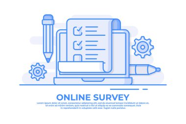 İnternet afişi, web sitesi, bilgi grafikleri, sınav kağıdı belgesi, onay kutulu pano, kontrol listesi, tam görevler listesi, yapılacaklar listesi için dizüstü bilgisayar düz illüstrasyonunda çevrimiçi araştırma,