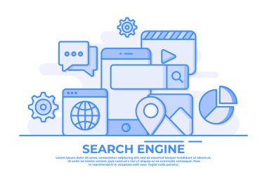 Akıllı telefonlu arama motoru kavramı, arama çubuğu ve arama sonuçları web pankartı için düz vektör illüstrasyonu, web sayfası iniş sayfası,