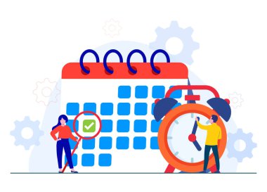 Business time management, Deadline concept, Woman with magnifying glass plan and organize upcoming tasks, schedule, goals, targets, milestones, Man planning time with the clock,