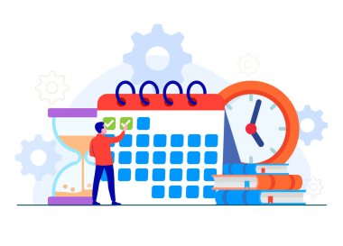 İş takvimi planlaması, erkek karakter planlaması çalışma görevleri, kontrol listesini doldurma, takvimi kullanarak program yapma, Proje Yönetimi illüstrasyonu