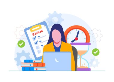 Bilgisayarı olan bir kadın karakter çevrimiçi test ya da incelemeye tabi tutuluyor, Kontrol Listesi, Zamanlayıcı, Kum Saati