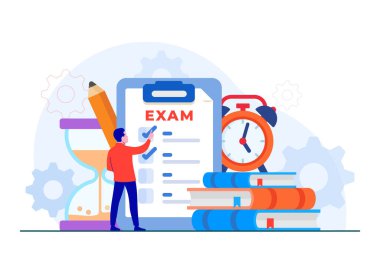 Paper test with timer and hourglass, Exam concept flat illustration concept, Examination, Survey, Checklist, Test, quiz, 