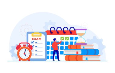 Sınav konsepti, Çevrimiçi Test, Eğitim konsepti düz çizim, Sınav için hazırlanan ve çevrimiçi yüzleşen Öğrenci karakterleri.