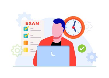 Çevrimiçi inceleme düz illüstrasyon, dizüstü bilgisayarı olan bir erkek karakter çevrimiçi test düz vektör illüstrasyonuna bakıyor