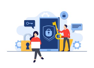 Kişisel veri koruması, Siber güvenlik, İnternet güvenliği veya bilgi gizliliği, İniş sayfası için parola koruması düz vektör çizimi, mobil uygulama, el ilanı, şablon, web pankartı, bilgi grafiği