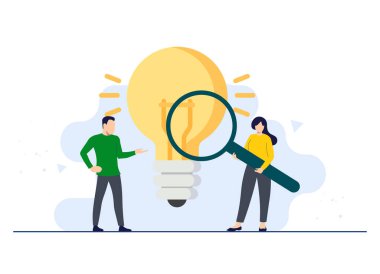 Yeni fikirler bulmak, problem çözme, yeni projeler için eğitim, strateji, insanlar iniş sayfası, web afişi, sosyal medya, bilgi, mobil uygulama için çözümler düz illüstrasyon vektör kavramı 