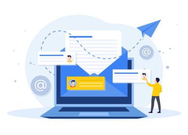 İniş sayfası için e-posta pazarlama düz illüstrasyon vektör kavramı, çevrimiçi iş stratejisi, reklamcılık, e-posta bülteni, mesajlaşma, pazarlama materyal kavramı, web afişi, sosyal medya, bilgi