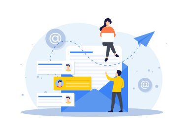 İniş sayfası için e-posta pazarlama düz illüstrasyon vektör kavramı, çevrimiçi iş stratejisi, reklamcılık, e-posta bülteni, mesajlaşma, pazarlama materyal kavramı, web afişi, sosyal medya, bilgi