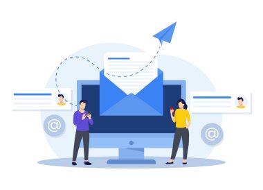 İniş sayfası için e-posta pazarlama düz illüstrasyon vektör kavramı, çevrimiçi iş stratejisi, reklamcılık, e-posta bülteni, mesajlaşma, pazarlama materyal kavramı, web afişi, sosyal medya, bilgi