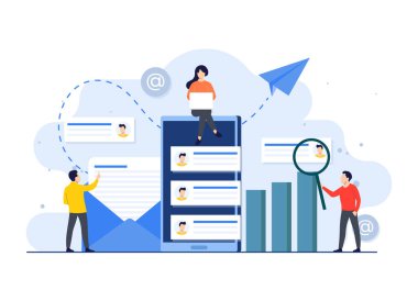 E- posta pazarlama kampanyası düz illüstrasyon vektör kavramı, çevrimiçi iş stratejisi, reklamcılık, e-posta bülteni, mesajlaşma, iniş sayfası için pazarlama kavramı, web afişi, sosyal medya, bilgi