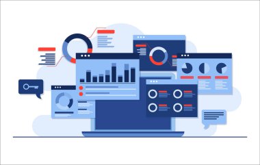 SEO analitik optimizasyon paneli, Arama sonucu optimizasyonu, Pazarlama analitiği, Pazar araştırması, İniş sayfası için İş Analizi konsepti, İnternet afişi, bilgi, sosyal medya