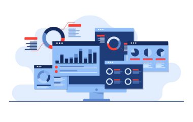 Gösterge panellerinde gösterilen veri ve bilgiler, SEO pazarlama reklam analitik vektör illüstrasyon konsepti, pazarlama analitiği, pazar araştırması, iş analizi