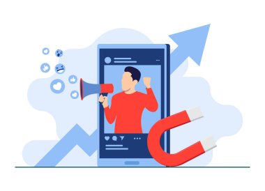 İniş sayfası, web afişi, mobil uygulama, bayrak, iş içeriği stratejisi, web tasarımı, dijital pazarlama çevrimiçi bağlantı konsepti için sosyal medya pazarlama kavramı düz vektör çizimi