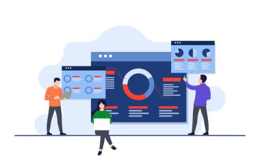 İş analizi düz illüstrasyon, SEO optimizasyonunun Infographic geçmişi, seo analitik gösterge panelleri, mali raporlar, İstatistikler, Finansal Araştırma, Pazarlama arayan iş adamları