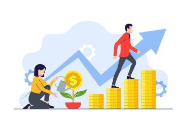 Finansal büyüme düz illüstrasyon vektör illüstrasyonu, başarılı insanlar para kazanmak, işletme finansmanı, tasarruf etmek, yatırım yapmak, yatırım yapan insanlar