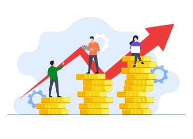 Finansal büyüme düz illüstrasyon vektör çizimi, başarılı insanların para kazanması, işletme finansmanı, tasarruf parası, yatırım, 