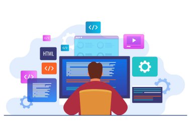Programcı olarak çalışan, dizüstü bilgisayarla kod yazan, web sitesi geliştiricisi, bilgisayar ekranı düz illüstrasyon vektör şablonu üzerindeki kodlama yazılımı