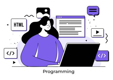 Dişi programcı kodlama yazılımı dizüstü bilgisayar programlama düz illüstrasyon konsepti, web geliştirme