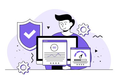  Başlık: Kullanılabilirlik testi düz illüstrasyon konsepti, QA mühendisliği, geliştirici, testçi arama hataları, web sitesi testi, yazılım optimizasyon süreci, Beta testi, kadın uygulama fonksiyonlarını kontrol eder