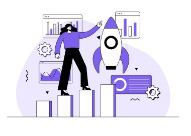 başarılı iş stratejisi ve planı, Analiz ve beyin fırtınası, Girişimcilik, İş Planı, Pazarlama materyali düz illüstrasyon vektör kavramı, Roket simgesi