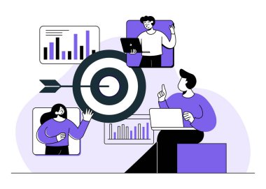 Yönetici, çalışanlara proje, Çalışma Akımı yönetimi, etkili ve verimli takım çalışması, Çevrimiçi iş iletişimi, Uzaktan Çalışma Süreci düz illüstrasyon, Toplantı hakkında görevler ve geri bildirim verir
