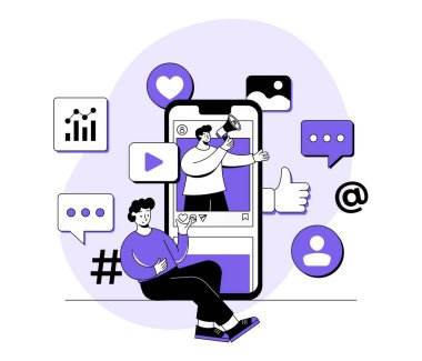 Man standing on social media feed with megaphone, Social media marketing concept flat illustration, Digital marketing, E-commerce, Social media campaign, Seo optimization, content marketing clipart